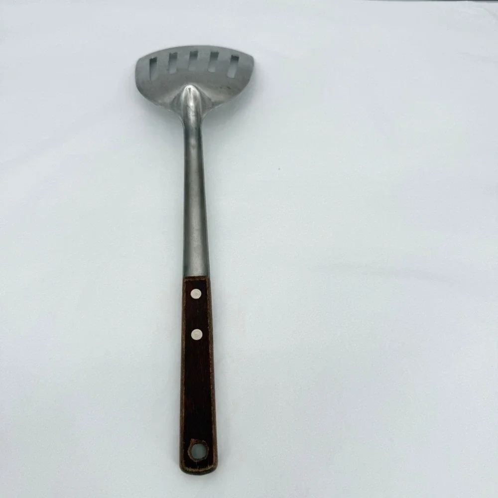 Stainless Steel VTG Curved Spatula Slotted Wood Handle Kitchen Tool 12.5
